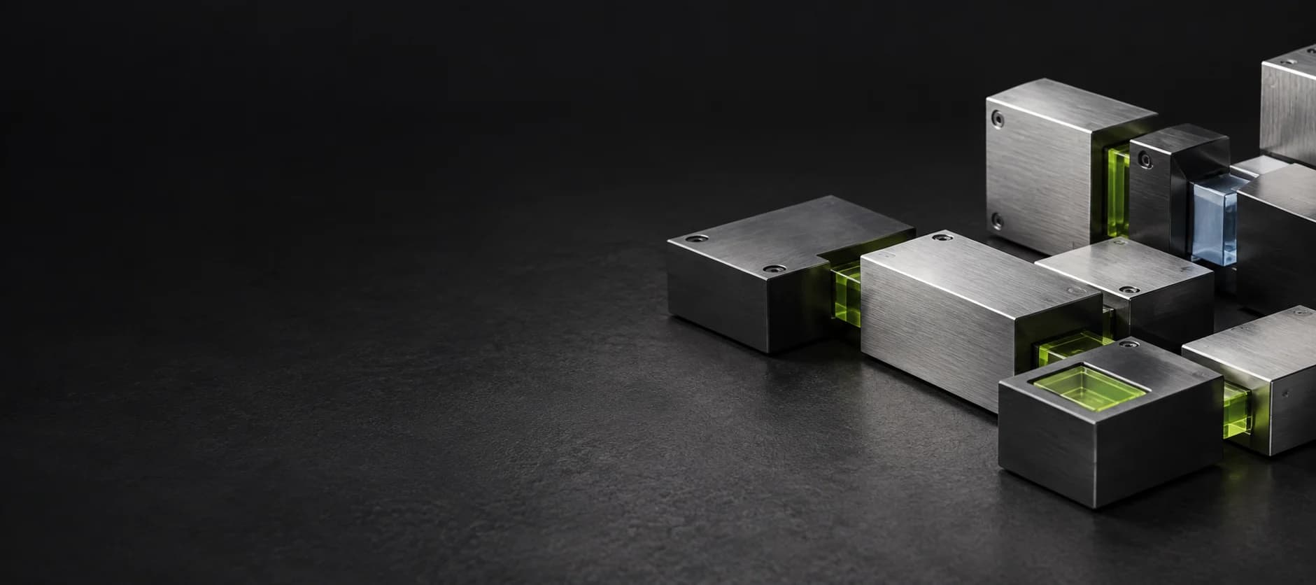 Interconnected modular workflow components in charcoal, silver, and green